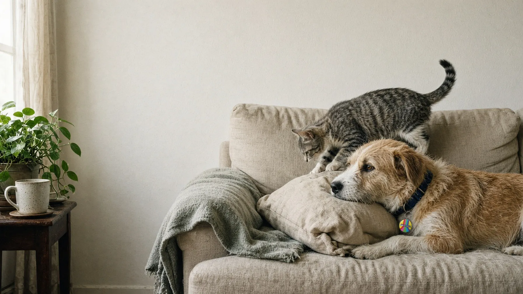 A scruffy tan dog naps on a living-room sofa wearing a colorful Argus Metal Edge tag while a gray tabby cat steps past behind him